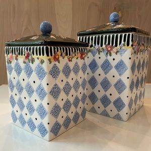 Vintage 1998 Mary Englebreit Ceramic Canisters -Blue Harlequin Diamond -Set of 2